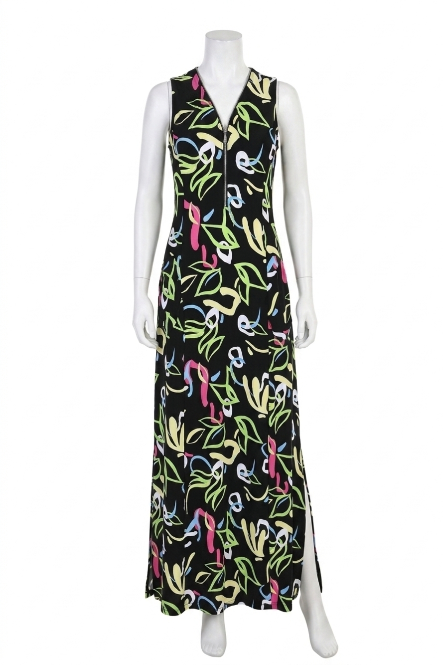 NEW FRANK LYMAN doodle print a line maxi dress in black/multi